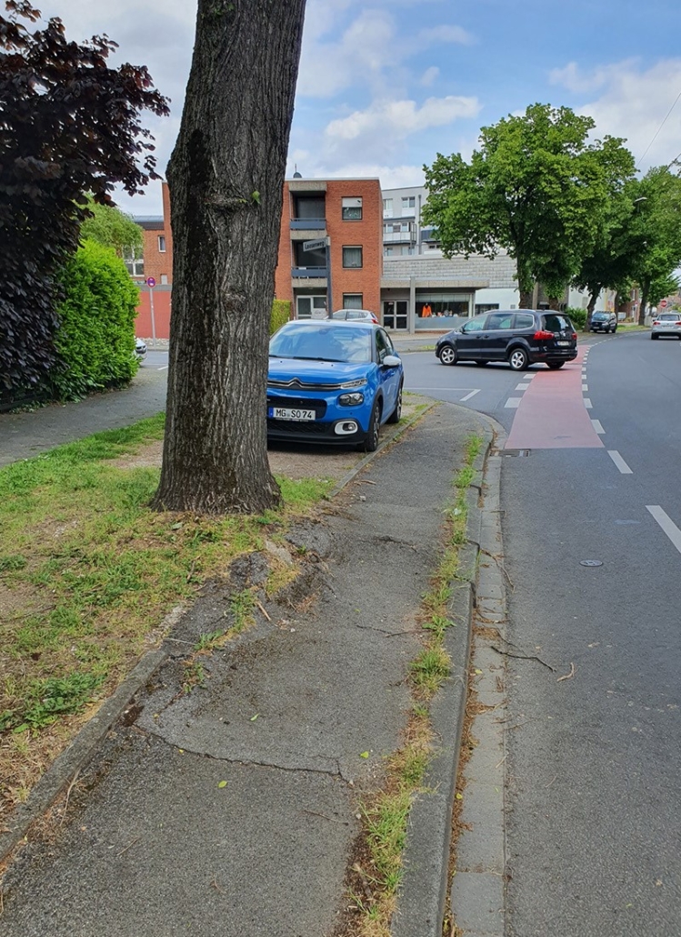 Ausgangssituation mit parkendem Auto auf der Baumscheibe und Schäden im alten Fahrradweg durch Wurzelaufdruck